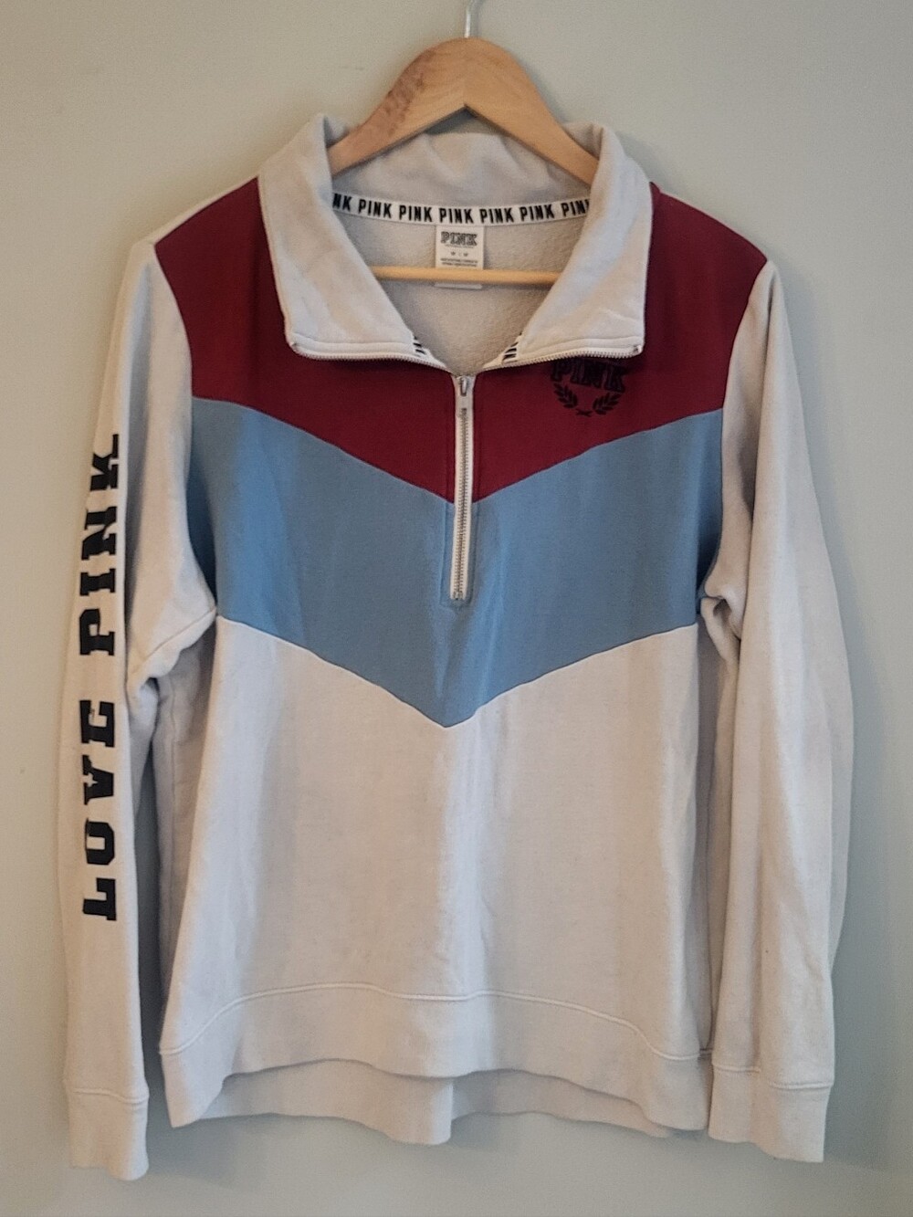 PINK Victoria's Secret Cream, Blue & Maroon Chevron Half-Zip Pullover